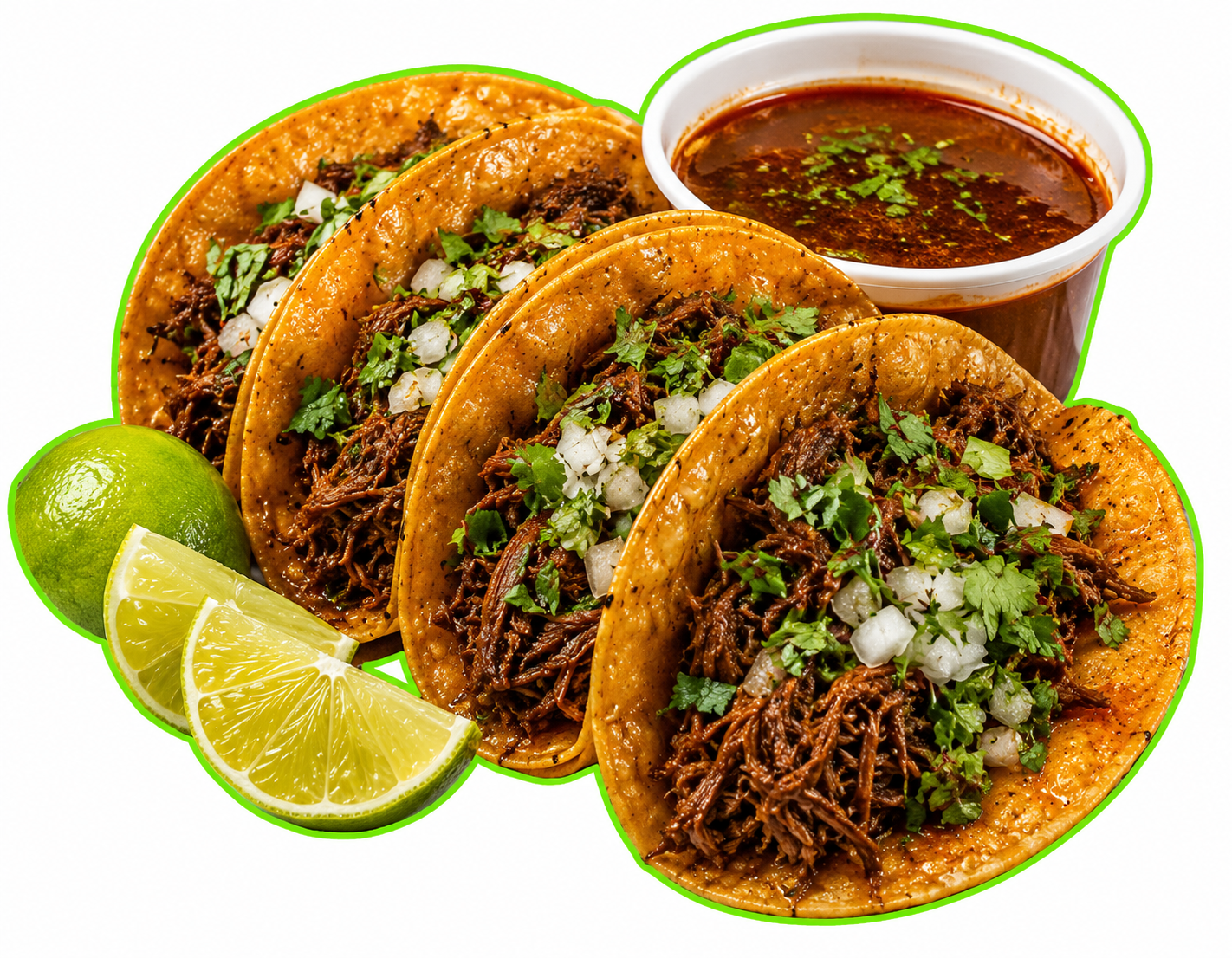 Birria tacos with consommé and fresh lime