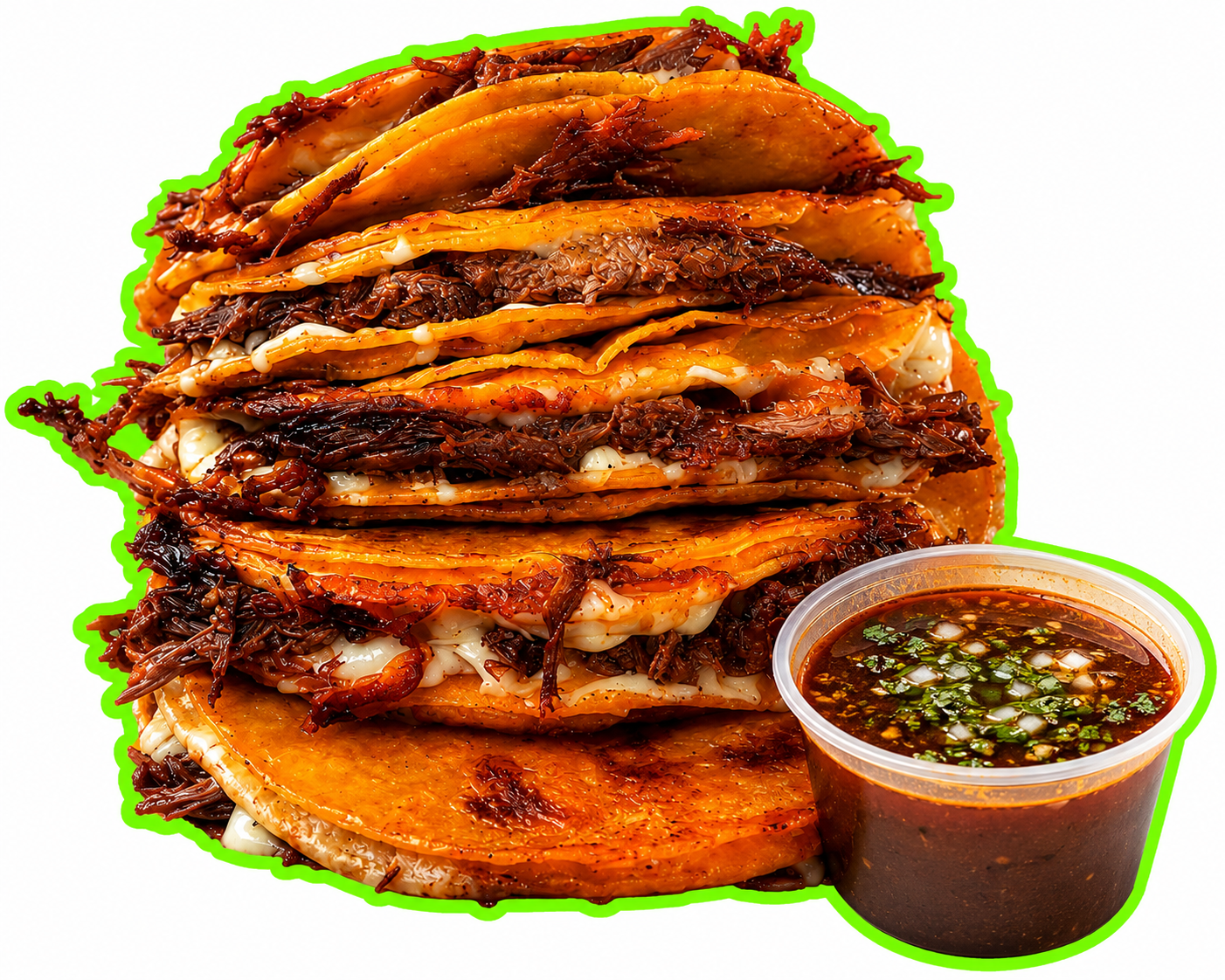 Stack of quesabirria tacos with consommé