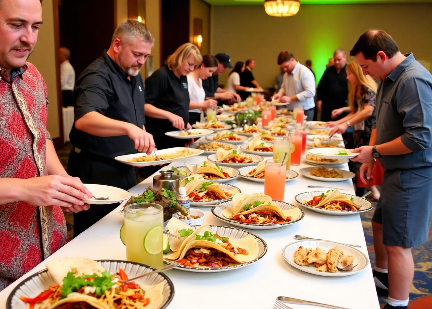 Catering spread of birria tacos and aguas frescas at a corporate event